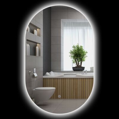 Oval wall-mounted LED lighted bathroom mirror - 81 x 51 cm - with 3 colors, adjustable brightness, touch switch, transparent anti-fog system