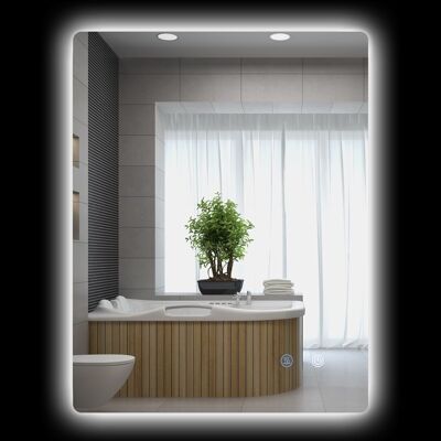 Rechteckiger LED-beleuchteter Badezimmerspiegel zur Wandmontage – 70 x 50 cm – mit 3 Farben, einstellbarer Helligkeit, Touch-Schalter, Antibeschlagsystem, transparent weiß