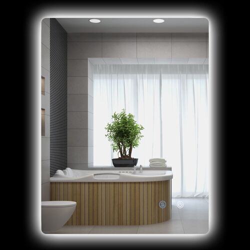 Miroir rectangulaire mural lumineux LED de salle de bain - 80 x 60 cm - 3 couleurs, luminosité réglable interrupteur tactile système antibuée blanc transparent