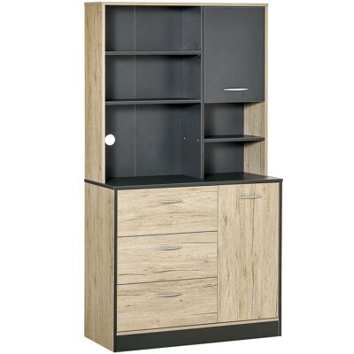 Multi-storage kitchen cabinet 2 doors 3 drawers 3 shelves + large top 90W x 39W x 169H cm two-tone light gray oak