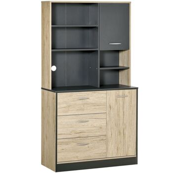 Armoire de cuisine multi-rangements 2 portes 3 tiroirs 3 étagères + grand plateau 90L x 39l x 169H cm bicolore chêne clair gris 1