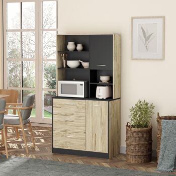 Armoire de cuisine multi-rangements 2 portes 3 tiroirs 3 étagères + grand plateau 90L x 39l x 169H cm bicolore chêne clair gris 2