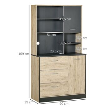 Armoire de cuisine multi-rangements 2 portes 3 tiroirs 3 étagères + grand plateau 90L x 39l x 169H cm bicolore chêne clair gris 3