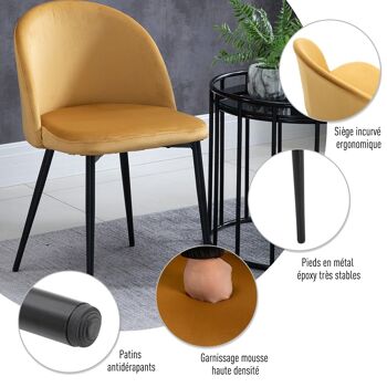 Chaises de visiteur design scandinave - lot de 2 chaises - pieds effilés métal noir - assise dossier ergonomique velours moutarde 5