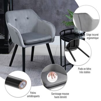 Chaises de visiteur design scandinave - lot de 2 chaises - pieds effilés bois noir - assise dossier accoudoirs ergonomiques velours gris 5