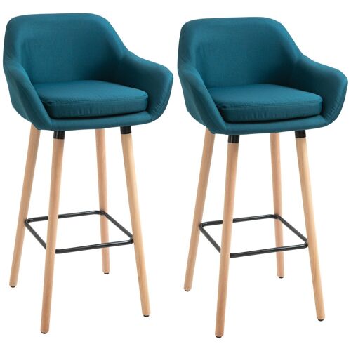 Tabourets de bar design scandinave - lot de 2 tabourets de bar grand confort avec repose-pieds et accoudoirs - bois de hêtre lin bleu canard