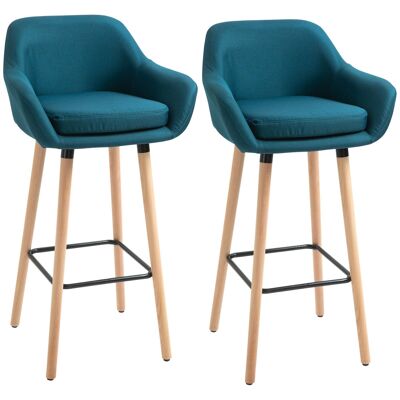 Scandinavian design bar stools - set of 2 very comfortable bar stools with footrest and armrests - duck blue linen beech wood