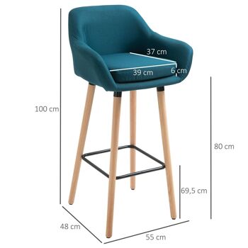 Tabourets de bar design scandinave - lot de 2 tabourets de bar grand confort avec repose-pieds et accoudoirs - bois de hêtre lin bleu canard 3