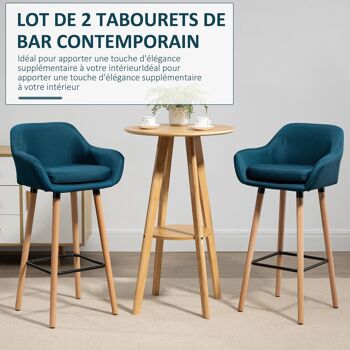 Tabourets de bar design scandinave - lot de 2 tabourets de bar grand confort avec repose-pieds et accoudoirs - bois de hêtre lin bleu canard 5