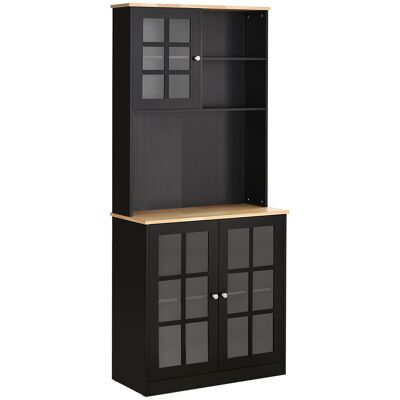 Gabinete de cocina multi-almacenamiento 3 puertas vitrinas de vidrio con estante 2 estantes grandes de MDF de roble negro