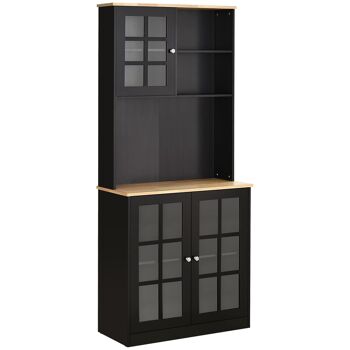 Armoire de cuisine multi-rangements 3 portes vitrine verre avec étagère 2 niches grand plateau MDF noir chêne 1