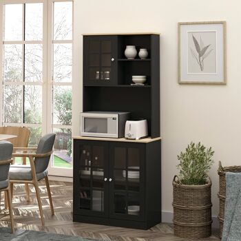 Armoire de cuisine multi-rangements 3 portes vitrine verre avec étagère 2 niches grand plateau MDF noir chêne 2