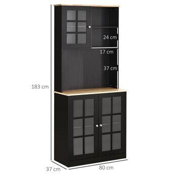 Armoire de cuisine multi-rangements 3 portes vitrine verre avec étagère 2 niches grand plateau MDF noir chêne 3