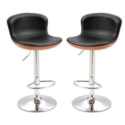 Set of 2 contemporary design bar stools, adjustable seat height 64-85 cm, 360° swivel, black imitation wood synthetic covering
