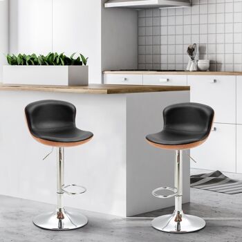 Lot de 2 tabouret de bar design contemporain hauteur d'assise réglable 64-85 cm pivotant 360° revêtement synthétique noir imitation bois 2