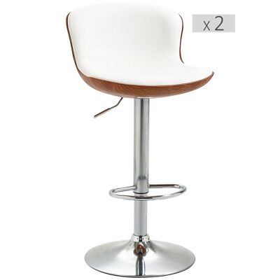 Set of 2 contemporary design bar stools, adjustable seat height 64-85 cm, 360° swivel, cream synthetic coating, wood look