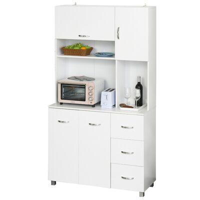 HOMCOM Küchenschrank mit mehreren Stauräumen, 4 Türen, 3 Schubladen, Regal + große Platte, 100 L x 39 B x 183 H cm, weißes MDF