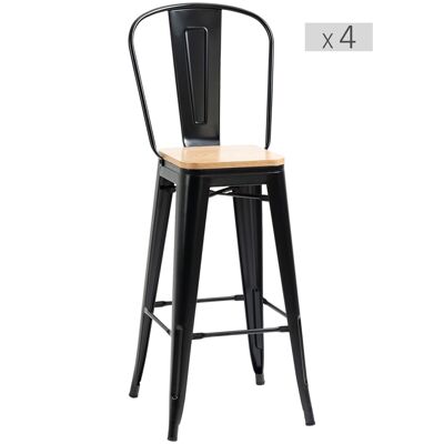 Lot de 4 tabourets de bar industriel avec dossier repose-pied hauteur assise 76 cm métal panneaux multicouches imitation bois clair