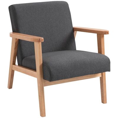 Lounge-Sessel im Neo-Retro-Stil, ergonomische Rückenlehne, Armlehnen, Struktur aus Gummibaumholz, Bezug aus dunkelgrauem Leinen