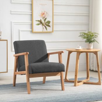 Fauteuil lounge style néo-rétro assise dossier ergonomique accoudoirs structure bois hévéa revêtement lin gris foncé 2