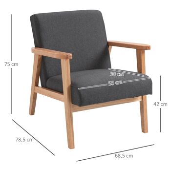 Fauteuil lounge style néo-rétro assise dossier ergonomique accoudoirs structure bois hévéa revêtement lin gris foncé 3