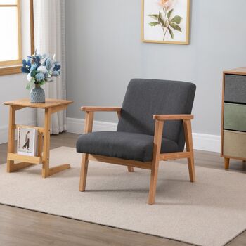 Fauteuil lounge style néo-rétro assise dossier ergonomique accoudoirs structure bois hévéa revêtement lin gris foncé 4