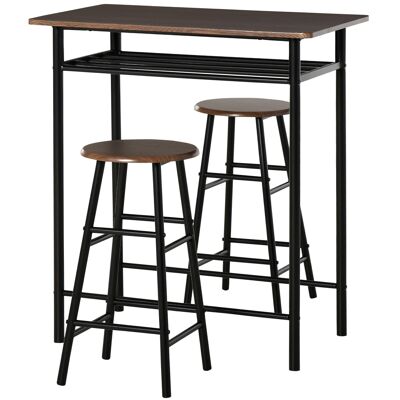 Set of industrial design bar table + 2 MDF stools imitation wood walnut black metal