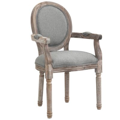 Silla de comedor estilo Luis XVI sillón medallón madera maciza patinada tallada tela de lino gris