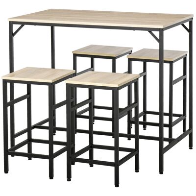 Set di tavolino bar design industriale + 4 sgabelli poggiapiedi in truciolare simil rovere chiaro metallo nero
