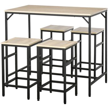 Ensemble table de bar design industriel + 4 tabourets repose-pieds panneaux particules imitation chêne clair métal noir 1
