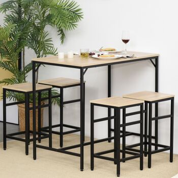 Ensemble table de bar design industriel + 4 tabourets repose-pieds panneaux particules imitation chêne clair métal noir 2
