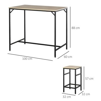 Ensemble table de bar design industriel + 4 tabourets repose-pieds panneaux particules imitation chêne clair métal noir 3