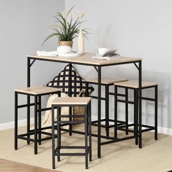 Ensemble table de bar design industriel + 4 tabourets repose-pieds panneaux particules imitation chêne clair métal noir 4