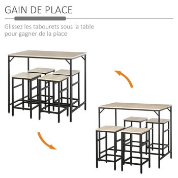 Ensemble table de bar design industriel + 4 tabourets repose-pieds panneaux particules imitation chêne clair métal noir 5