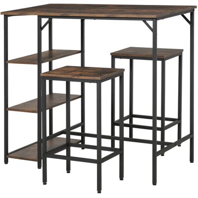 Set tavolo da bar 3 ripiani 2 sgabelli in stile industriale in metallo nero con venature del legno antico