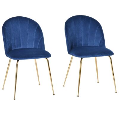 Conjunto de 2 sillas de estilo art-deco respaldo redondeado acanalado base de metal dorado inclinado terciopelo azul real