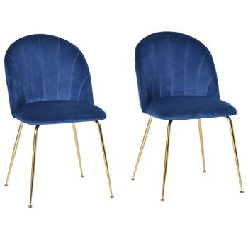 Lot de 2 chaises style art-déco dossier strié arrondi piètement métal doré incliné effilé velours bleu roi 1