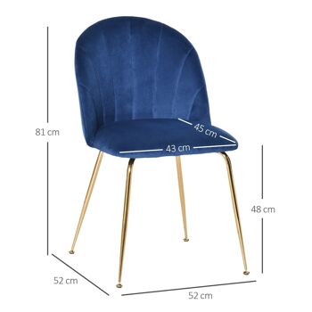 Lot de 2 chaises style art-déco dossier strié arrondi piètement métal doré incliné effilé velours bleu roi 3