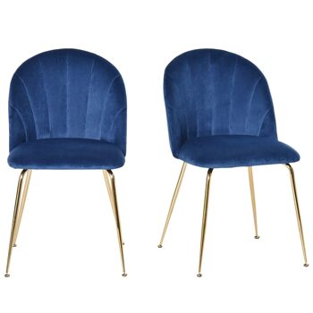 Lot de 2 chaises style art-déco dossier strié arrondi piètement métal doré incliné effilé velours bleu roi 4
