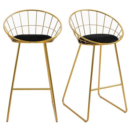 Lot de 2 tabourets de bar design avec repose-pied structure métal et coussin velours 52,5 x 47 x 97 cm noir et doré