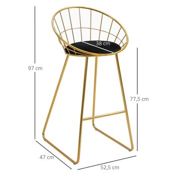 Lot de 2 tabourets de bar design avec repose-pied structure métal et coussin velours 52,5 x 47 x 97 cm noir et doré 3