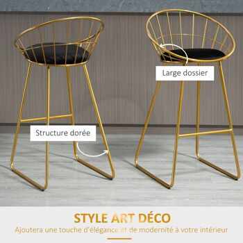 Lot de 2 tabourets de bar design avec repose-pied structure métal et coussin velours 52,5 x 47 x 97 cm noir et doré 4