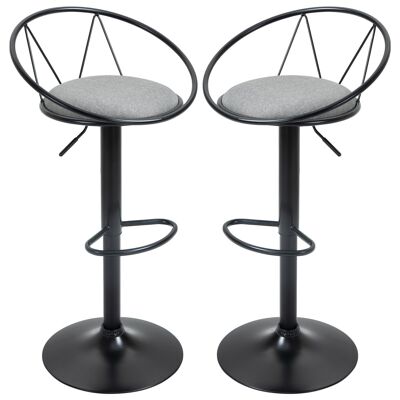 Conjunto de 2 taburetes de bar diseño neo-retro giratorios regulables con reposapiés metal negro lino gris