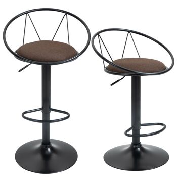 Lot de 2 tabourets de bar design néo-rétro réglable pivotant avec repose-pied métal noir lin marron 4