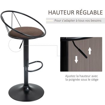 Lot de 2 tabourets de bar design néo-rétro réglable pivotant avec repose-pied métal noir lin marron 5