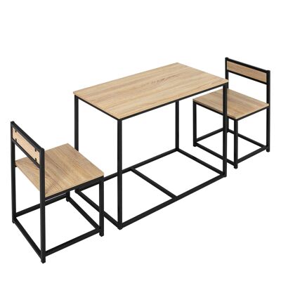 HOMCOM Tisch- und 2-Stühle-Set im Industriestil – Set aus 1 Tisch + 2 eingebauten Stühlen – schwarzes Metall mit heller Eichenoptik