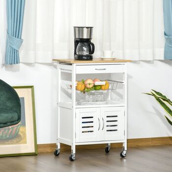 Desserte de cuisine multi-rangement - dim. 58L x 37l x 83H cm - 2 portes, étagère, panier, tiroir - poignées métal MDF blanc plateau bois bambou verni 2