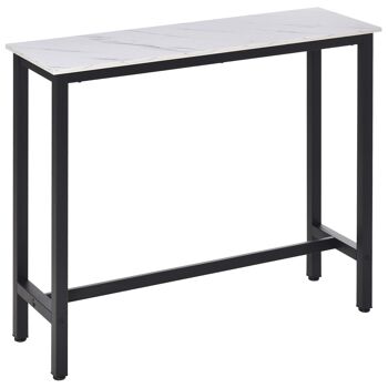 Table de bar - table haute de cuisine - dim. 120L x 40l x 100H cm - châssis piètement acier noir, plateau aspect marbre blanc 1