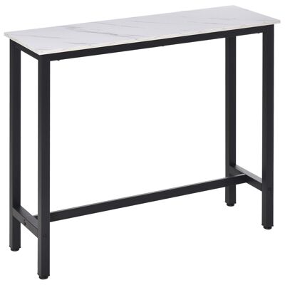 Table de bar - table haute de cuisine - dim. 120L x 40l x 100H cm - châssis piètement acier noir, plateau aspect marbre blanc
