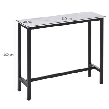 Table de bar - table haute de cuisine - dim. 120L x 40l x 100H cm - châssis piètement acier noir, plateau aspect marbre blanc 3